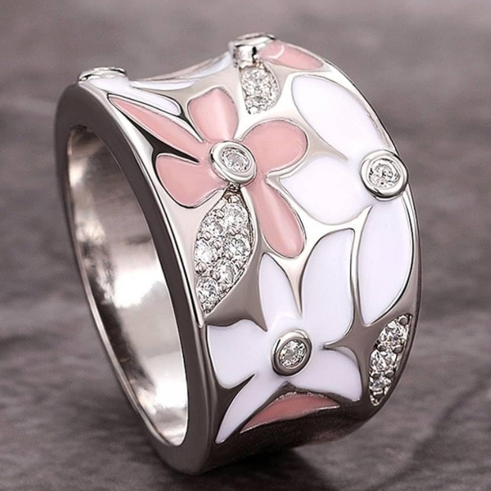 NEW Enamel Flower Ring | Cubic Zirconia - Pink Or White | Size 7 or 8 - Picture 8 of 11